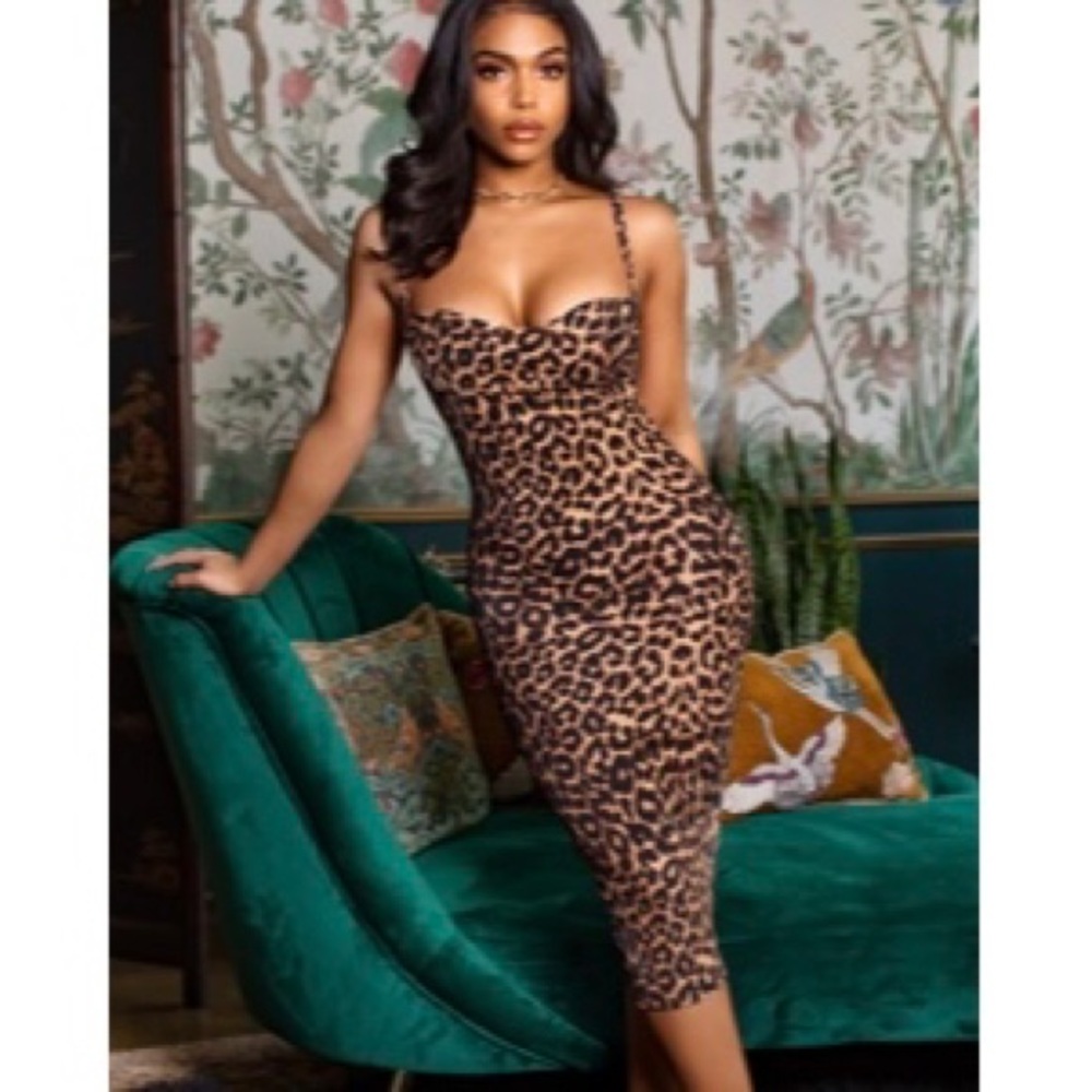 PLT Tan leopard print strappy cup midi dress